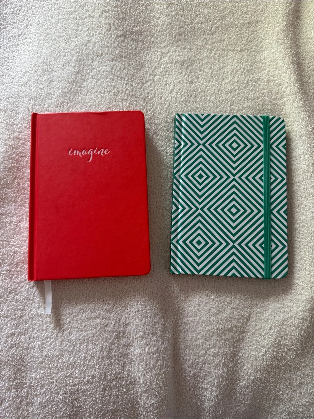 Red 'Imagine' Hardcover Journal and Green Geometric Elastic Notebook